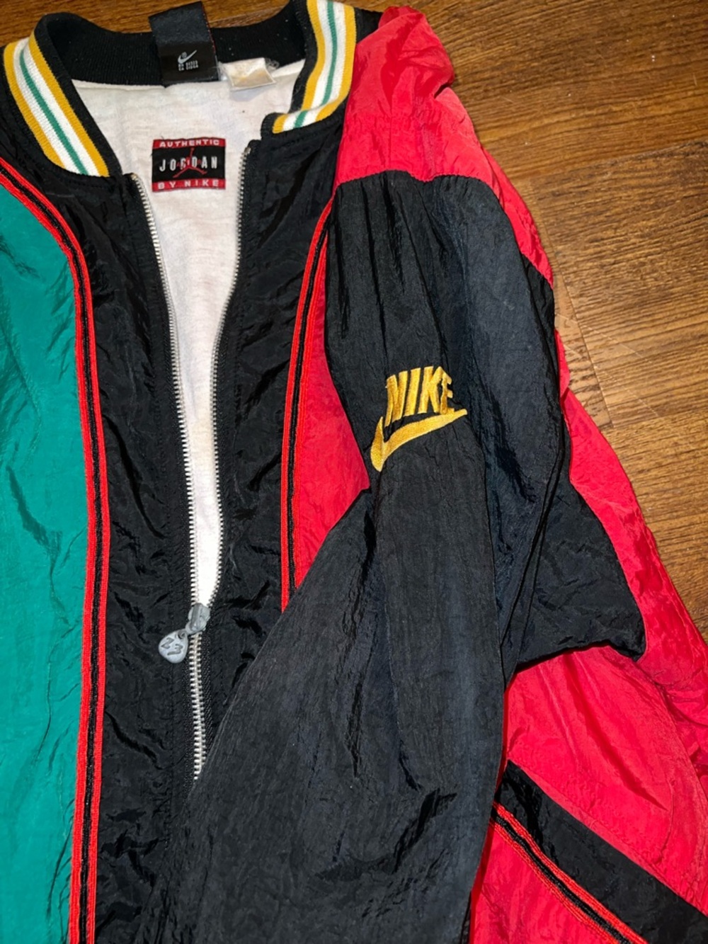 90s Rare Nike Air Jordan Black Red Green Bomber Zip Up Nylon Jacket Size XL - Picture 7 of 14